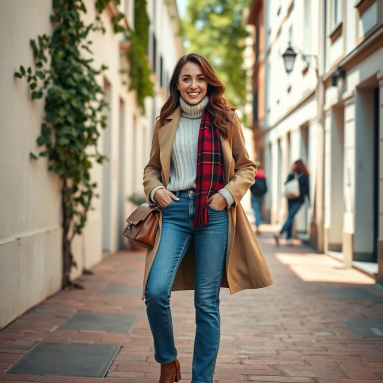 Woman wearing cream sweater, trench coat, and jeans for a fall walk date.