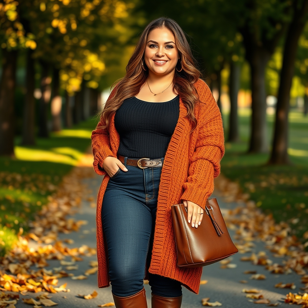Plus-size outfit featuring a rust knit cardigan, black top, and dark jeans.