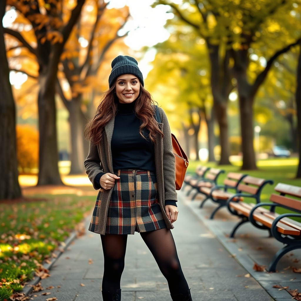 Plaid mini skirt with black tights and combat boots for fall.