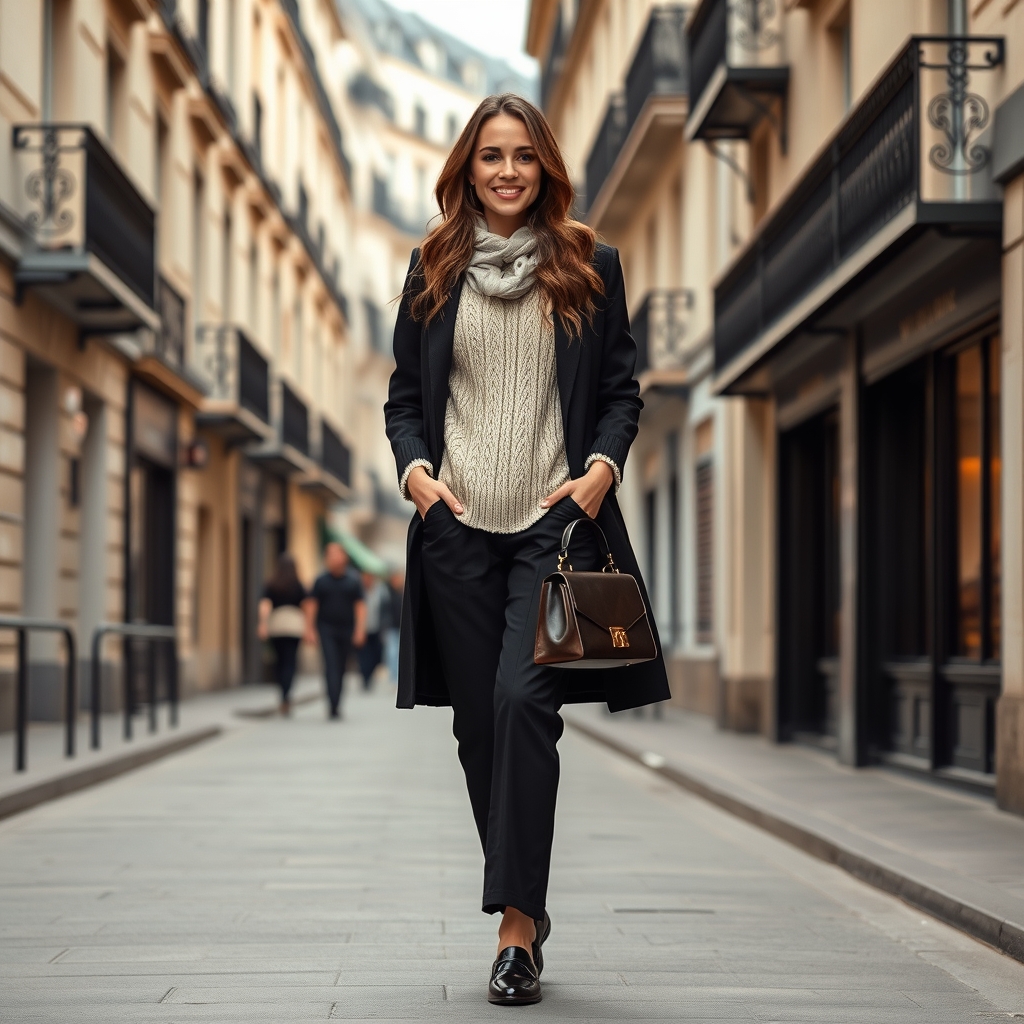 Parisian-inspired quiet luxury outfit with cream sweater and black trousers.
