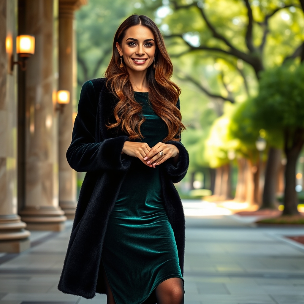 Emerald green velvet midi dress worn for a fall date night.