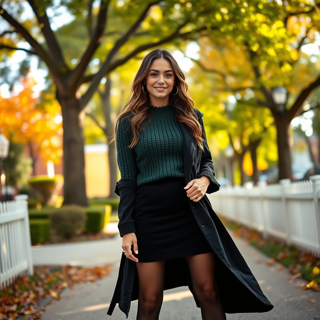 Forest green knit sweater paired with a corduroy mini skirt and tights.