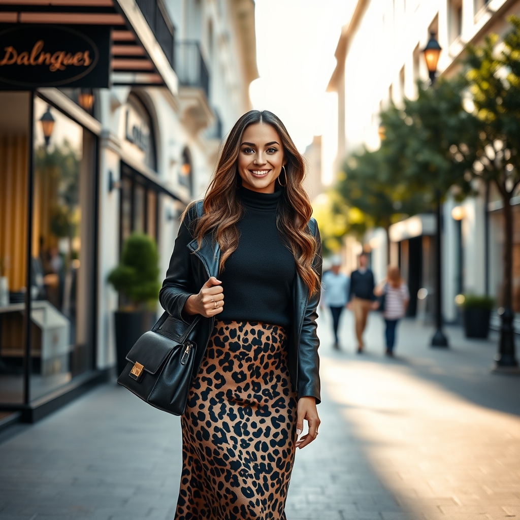 Leopard print midi skirt paired with a black sweater and boots.